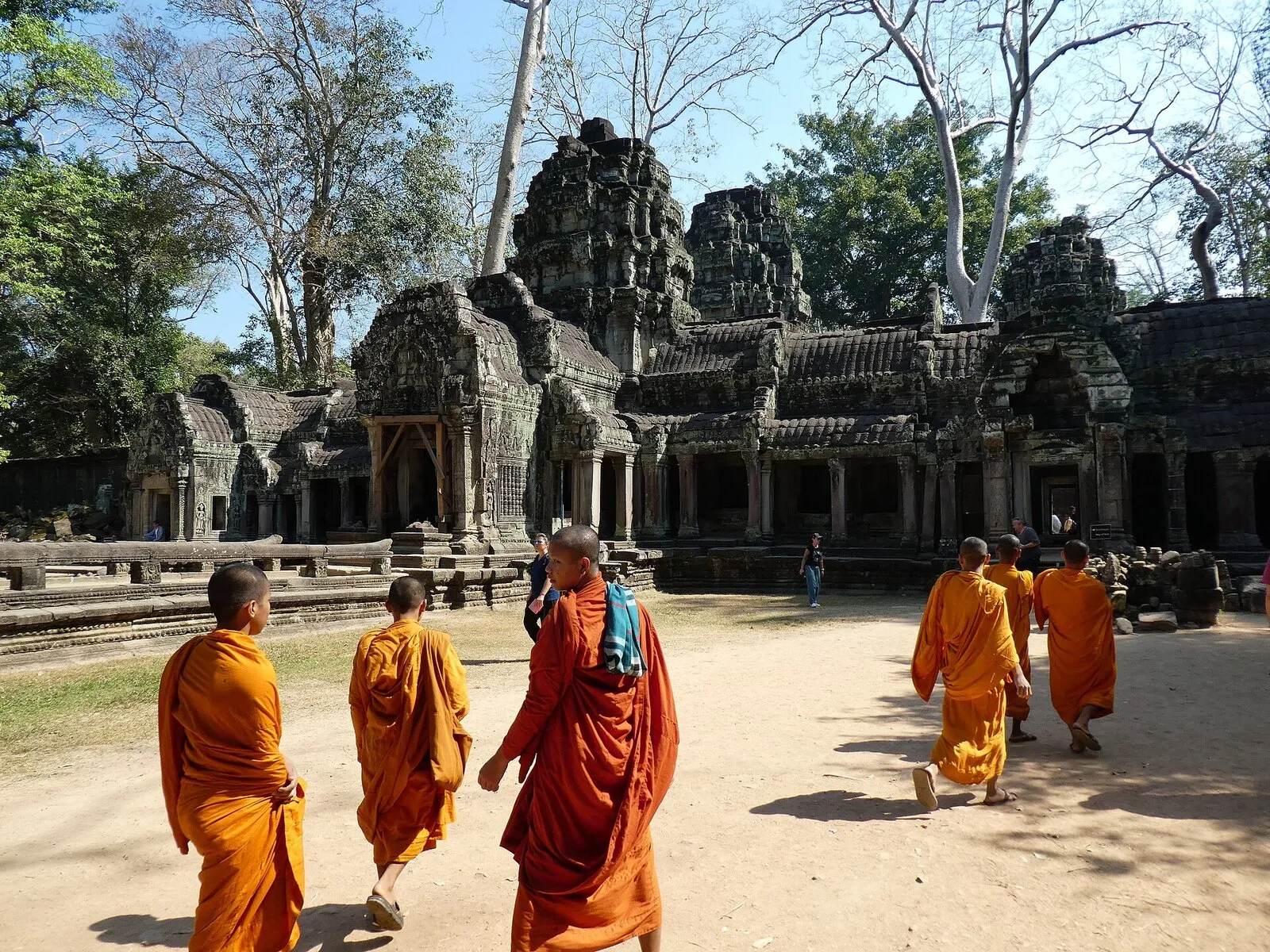 Mnisi w szafranowych i pomarańczowych szatach idą przez dziedziniec świątyni Ta Prohm w Angkorze