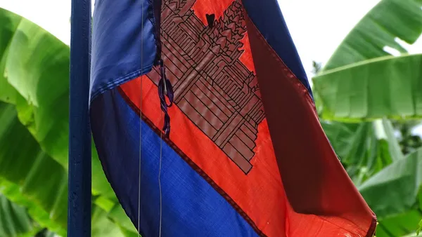Flaga Kambodży z sylwetką Angkor Wat na maszcie wśród liści bananowca