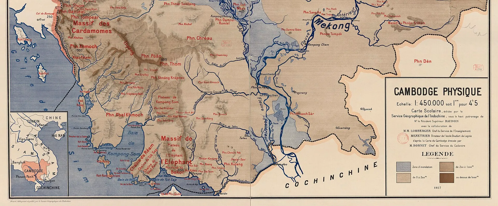 Fragment francuskiej mapy fizycznej Kambodży z 1927 r. z wyznaczonym biegiem Mekongu i Cochinchiną