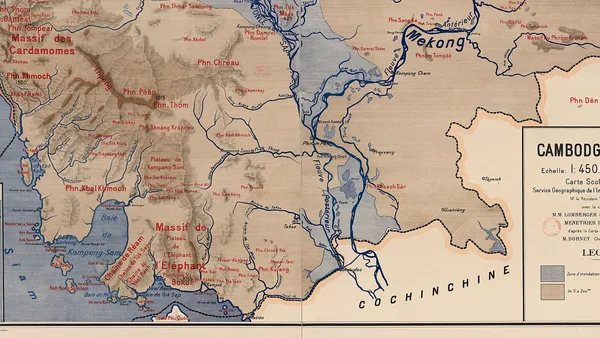 Fragment francuskiej mapy fizycznej Kambodży z 1927 r. z wyznaczonym biegiem Mekongu i Cochinchiną